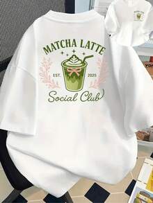 Durable Women's Casual Long Sleeve T-Shirt - MATCHA LATTE Social Club EST. 2025 Graphic Print, Floral & Matcha Leaf Design, Relaxed Fit Round Neck, All-Season Comfort, Coffee Lover Tshirts