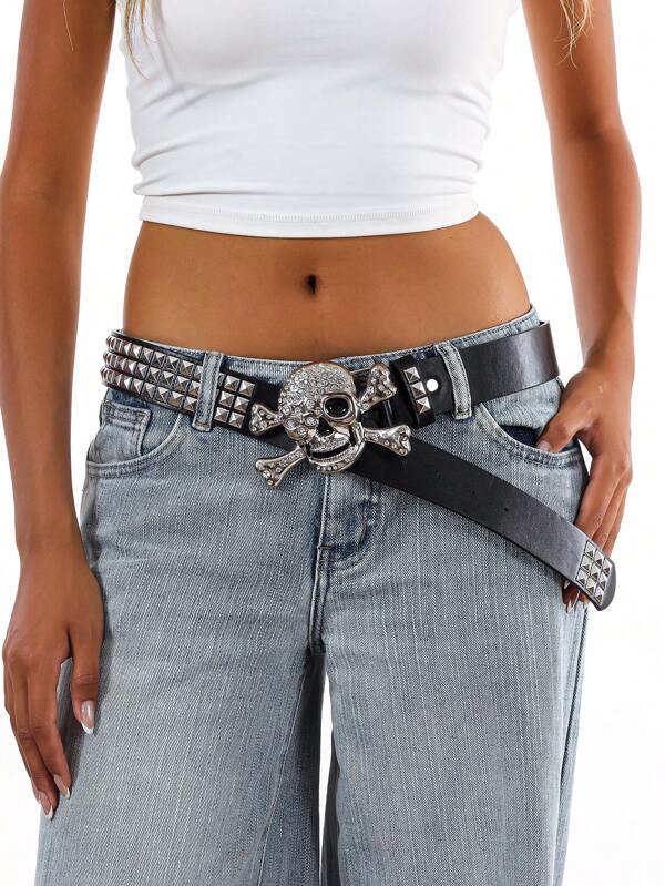 1pc Skull Decor Rivet Belt, Casual PU Leather Jeans Belt, Versatile For Outdoor, Holidays, Commuting, All Seasons