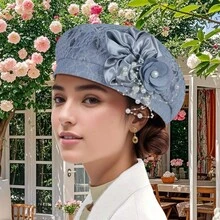 Women Beret Hat With Pearl Flower Breathable Brimless Cap  Fascinators Hats For Tea Party Stage - 灰色 - 查看 3