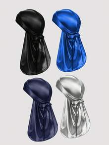 4 Pcs Men's Silk Durag With Elastic Band - Solid Color Fashionable Head Wrap For Casual Comfort,Breathable, Soft Unisex Pirate-Style Bandana Headwear Pirate Hat Pirate Costume,Breathable And Comfortable With Extra Long Tail For Waves, Running, Cycling, Hiking, Camping, Christmas Pirate Hat - 4Pcs - View 10