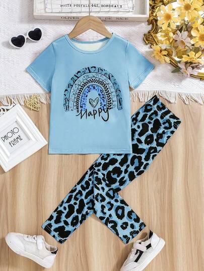 Conjunto de 2 peças de malha casual com estampa de oncinha para meninas de 4 a 7 anos, inclui camiseta de manga curta e calça com estampa de oncinha, roupa fofa e confortável para uso diário, atividades ao ar livre e reuniões familiares, primavera/verão