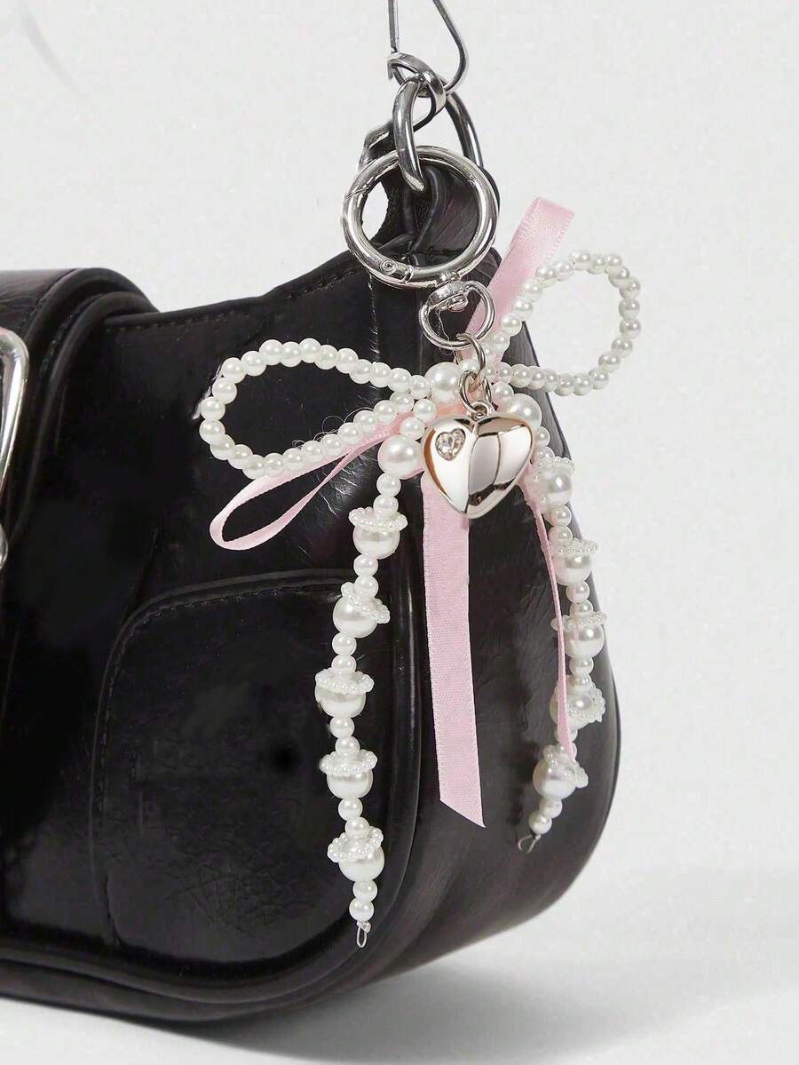 可爱Y2K粉色蝴蝶结珍珠钻石心形钥匙扣 - 适合女孩、学生和可爱爱好者的可爱包包挂饰 - 可用于背包、钱包、手机、礼品袋和日常学习装饰配件 - 彩色 - 查看 1