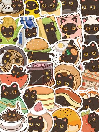 50pcs Cute Cat Stickers Cartoon Graffiti Greedy Black Cat Cute Decals For Phones Luggage DIY Scrapbooks Guitars Skateboards Laptops Decorative Stickers