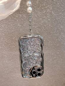 极简珍珠电镀亮片波浪纹手机壳+腕带，兼容 17 Pro Max/17 Pro/17 Air/17/16 Pro Max/16/16 Pro/16 Plus/15/15 Pro Max/15 Pro/15 Plus/11/12/13/14 Pro Max/XS/XR/11 Pro/11 Pro Max/12 Pro/12 Pro Max/13 Pro/13 Pro Max/14 Pro/14 Pro Max/14 Plus，极简创意软壳，春季礼物 - 銀色蝴蝶結+腕帶手繩 - 查看 7