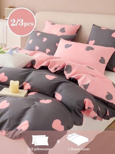 2/3pcs ,Little Gray And Pink Love, Warm Valentine's Day, Madam.,Boys And Girls,School Student,Dormitory Dress-UpFour Seasons Super Soft Printed Sanding Quilt Cover Three Pieces Quilt Cover Set,Twin Full Queen King