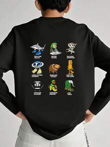 青少年男孩图案印花圆领长袖T恤，秋冬上衣 - 黑色 - 查看 1