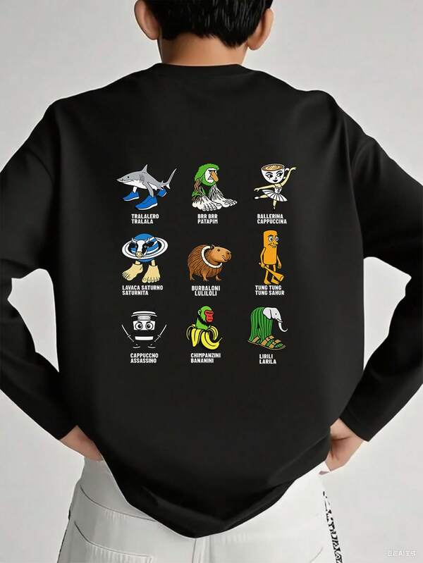 Camiseta de manga larga con cuello redondo y estampado gráfico para niño preadolescente, parte superior de otoño/invierno