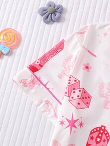 Bộ đồ ngủ 2 món kiểu miền Tây cho bé gái, áo sơ mi cổ bẻ thoải mái, tay ngắn và quần short, thích hợp cho mùa hè, in hình mũ cao bồi, xúc xắc, sao, bướm, phù hợp cho trẻ em và bé gái tuổi teen mặc thường ngày, ở nhà hoặc đi nghỉ mát. - Hồng - Xem 4