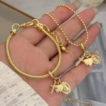 1 Set Fashion Religious Belief Virgin Mary, Cross, Bible Pendant Necklace/Bracelet/Ring Jewelry Set, Brass Plated 18K Gold With Cubic Zirconia, Suitable For Men And Women Everyday Wear - Gold - View 17