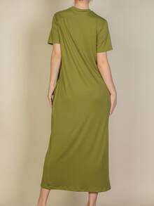 Women's Solid Color Casual Basic Side Pocket Tee Dress For Summer - Cành ô liu - Xem 4