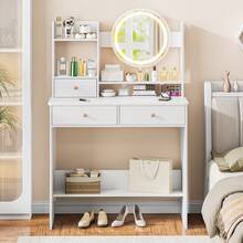 Vanity Desk With LED Lighted Mirror, Makeup Vanity Desk With 3 Drawers & Storage Shelves, 3 Color Modes, Dressing Table For Bedroom - 白色 - 查看 7