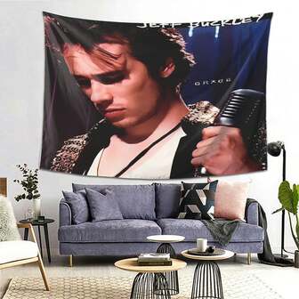 1 pieza Tapiz de Jeff Buckley Graceful Ode - Colgante de pared de tela duradera de color melocotón beige claro con tema de noche estrellada y música, perfecto para el hogar, dormitorio, sala de estar, oficina - Regalo ideal para amantes de la música, decoración de la sala de música