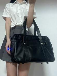 Stylish Japanese School Uniform Style Tote Bag, Versatile For Commuting, Laptop, Travel, Casual Wear, Minimalist Design, High-Quality Solid Color Large Capacity Women Shoulder Handbag - Black - View 4