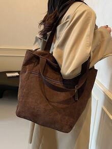 Túi đeo vai tối giản cho nữ, Túi tote vải nhung kẻ, Túi xách nữ có thể gấp gọn dung tích lớn, Túi mua sắm thời trang, Ba lô học sinh - màu nâu - Xem 3