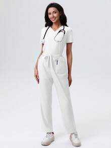 V-Neck Solid Color Pocket Short Sleeve Top And Pants Scrub Set Spring White - White - View 8