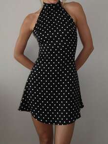 Women Mini Halter Neck Dress Dot Print Sleeveless Open Back A-Line Dress For Daily Party Club - màu đen - Xem 8
