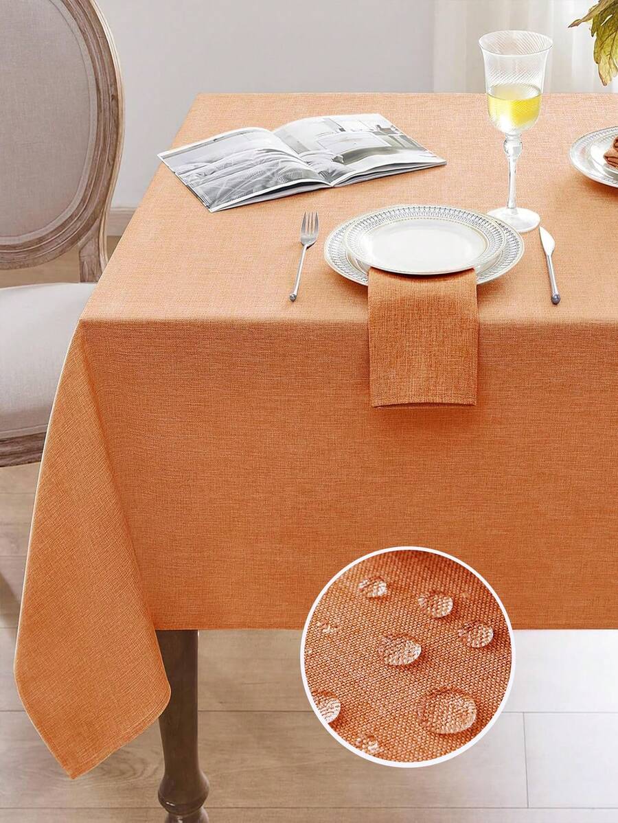 1pc Water-Repellent, Splash-Proof, Dirt-Resistant Thick Faux Linen Rectangular Tablecloth, Rustic Solid Color Coarse Linen, Tear-Resistant And Durable, Suitable For Dining Table, Kitchen, Cafe, Home Dinner, Catering, Patio, Wedding, Brunch, Farmhouse, Afternoon Tea, Party, Buffet, And More - Burnt Orange - View 1