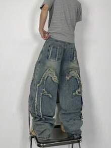 1条正义兄弟刺绣休闲宽松阔腿牛仔裤，美式街头风格 - 藍色 - 查看 2