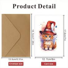 1 Stück süßer Halloween Zauber, orange getigerte Katze Hexe. Herbst Faltpostkarten mit farbigen Umschlägen, innen leer. Geschenke für sie, Freunde, Katzenliebhaber, 5*7 Zoll - mit dicken Umschlägen