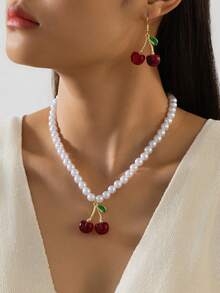 3pcs/Set Cherry Shaped Pendant Decor Faux Pearl Necklace & Earrings Set, Suitable For Women's Daily Or Multipurpose Wear