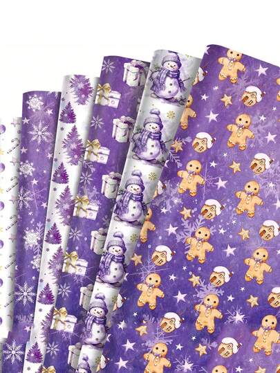 6 件紫色雪花、姜饼人、雪人图案礼品包装纸，节日礼品盒纸，雪花、雪人和姜饼人等 6 种图案设计，装饰包装纸，适用于圣诞派对、节日聚会、亲戚朋友的礼品包装，鲜花包装纸，完美的圣诞礼物装饰