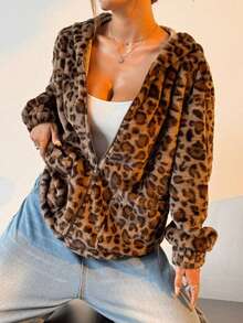 Leopard Print Fluffy Hooded Cardigan, Zip-Up Warm Women Jacket With Pockets, Autumn/Winter - Khaki - View 7