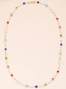 5pcs/Set Fashionable Y-Shaped Necklace Set, Elegant Vintage Design With Colorful Rhinestones, Cross, Snake Bone Chain, Minimalist Plain Chain Pendant Necklaces, Suitable For Holiday, Party, Daily Wear - Yellow Gold - View 5