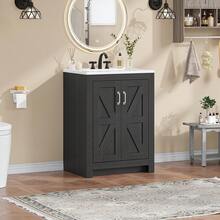 ONBRILL 24 Inch Bathroom Vanity With Sink, Farmhouse Single Sink Bathroom Vanities With Ceramic Basin & Soft-Close Door, Wood Storage Cabinet With Adjustable Shelf For Apartment & Small Space - 黑色 - 查看 2