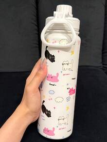 1pc Double Wall Insulated Tumbler With Lid & Straw - 12/20/32oz (14oz) Leak-Proof Travel Mug, Cartoon Cat Design - Suitable For Car, Office, Gym, Birthday/Christmas/Halloween Gift - Dishwasher & Non-Slip Base, Cylindrical Design, Thermal Water Bottle