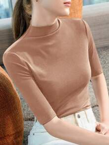 WOMEN'S HIGH NECK KNITTED BLOUSE WITH SIMPLE HALF SLEEVE, RIB FABRIC S M L - 卡其色 - 查看 2