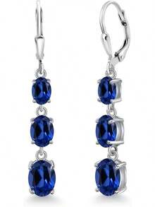 Gem Stone King 3-Stone Leverback Drop Dangle Earrings Women |   925 Sterling Silver |   Gemstone Birthstone |   Oval 8X6MM 7X5MM And 6X4MM |   Fine Jewelry Gifts Her Mom Women Wife - 藍色人造藍寶石,九月 - 查看 1