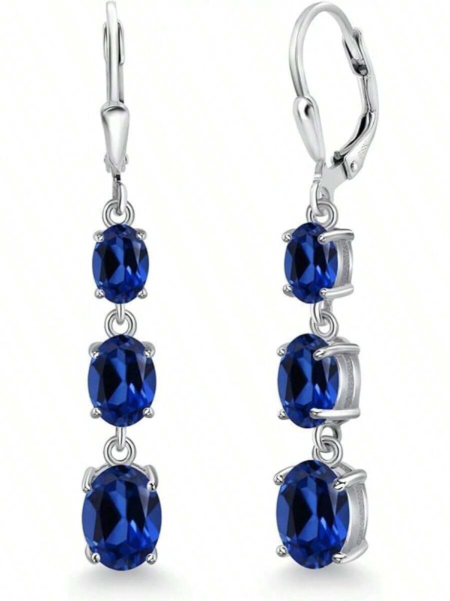 Gem Stone King 3-Stone Leverback Drop Dangle Earrings Women | 925 Sterling Silver | Gemstone Birthstone | Oval 8X6MM 7X5MM And 6X4MM | Fine Jewelry Gifts Her Mom Women Wife - 藍色人造藍寶石,九月 - 查看 1