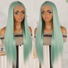 26 Inches 180% Density Long Silky Straight Hair Light Green Color Synthetic Lace Front Wigs 13x4 Lace Area Free Part Pre Plucked With Baby Hair Around Natural Hairline Glueless Heat Resistant Fiber Frontal Lace Replacement Wig For Fashion Women Girls Party Vacation Show Makeup Use Daily Wear - 橄欖綠 - 查看 4