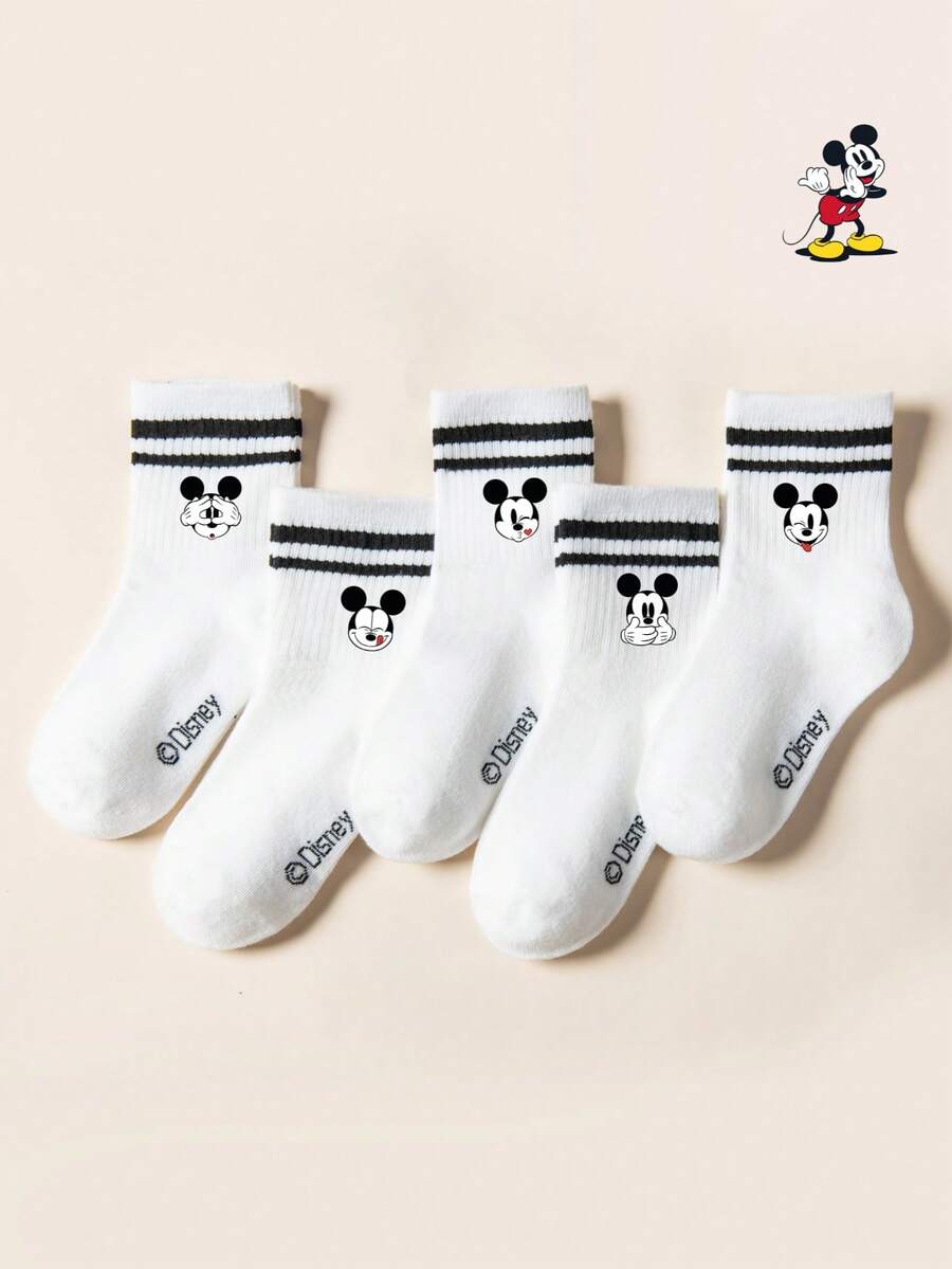Disney 5双装儿童图案船袜，黑白条纹运动款，可爱卡通设计，时尚休闲舒适透气学生袜，适合日常穿着、返校季和节日礼物，袜子 - 白色 - 查看 1