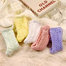 5 Pairs Of Macaron Mixed-Color Cable-Knit Socks: Soft & Elevate Your Daily Looks - 5 Pairs - 查看 3