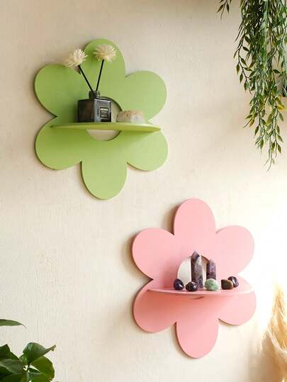 1pc Daisy Flower Shaped Floating Shelf, Boho Style Wooden Daisy Plant Stand, Wall Mounted Display Rack, Living Room Bathroom Bedroom Hanging Floral Decor, Girls Baby Hair Accessory Storage Rack, Wall Hanging Decoration
