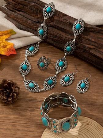 1 Set de Collar, Aretes, Anillo y Pulsera de Estilo Bohemio Vintage con Flores Talladas, Cuentas y Piedra Rosa en Aleación de Zinc, Adecuado para Atuendos, Uso Diario y Vacaciones