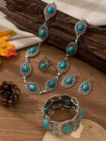 1 Set Vintage Bohemian Style Women's Carved Floral Beaded Necklace, Earrings, Ring, Bracelet In Pink Stone & Zinc Alloy, Suitable For Outfits, Daily Wear, Holidays