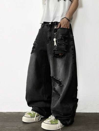 1 pieza Pantalones vaqueros de pierna ancha y ajuste holgado con estilo callejero estadounidense desgastado de Hearty Haven para hombres (sin cinturón ni accesorios)