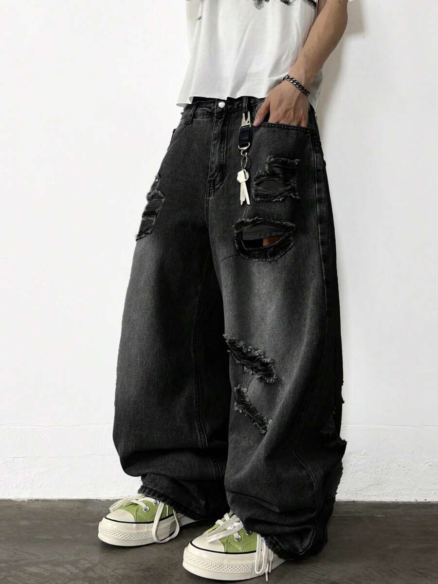 1pc Hearty Haven Distressed American Street Style Loose Fit Wide Leg Washed Denim Jeans For Men (No Belt & Accessories) - Black - View 1