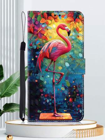 GLANDOTU Suitable For Galaxy, And Other Brands Of Mobile Phone Cases Creative Colourful PU Leather Mobile Phone Wallet Protective Case Colourful Flamingo Design Equipped With Double Fold Edges Card Slots And Card Pouch Comes With A Lanyard