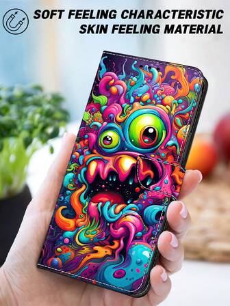 GLANDOTU Creative Colorful PU Leather Wallet Phone Case With Qilin Pattern Design, Dual Folding Edge, Card Slots And Pouch, Compatible With Samsung Galaxy And Other Brands, Comes With Lanyard