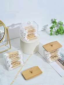 Cotton Swab Dispenser, Transparent Wooden Lid Medicine Bottle Container With Cover, Bathroom Canister, Cotton Ball Makeup Box, Cotton Swabs, Dental Floss, Bathroom Accessories, Bathroom Storage And Organization