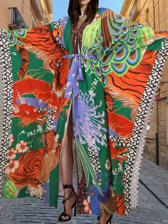 女式新款加大码宽松花卉印花腰带和服罩衫，波西米亚风格长款优雅长袍，适合春秋冬季