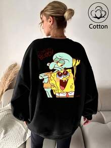 SpongeBob SquarePants 2025 Herbst/Winter Neuheit: Oversized Raglanärmel Unisex Sweatshirt mit witzigem Spongebob Buchstabe Muster. Dieses erschwingliche und bequeme Langarm-Baumwollmischungs-Top hat ein weiches und gemütliches Gefühl. Ob für Lässig, Urlaub, täglichen Street-Style oder Y2K Akademie, dieses vielseitige Teil ist eine ideale Wahl für Schule, Training und den Alltag. - Schwarz - Übersicht 4