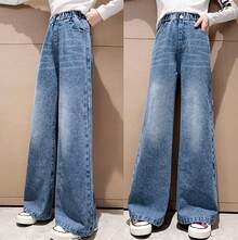 Girls Baggy Wide Leg Jeans Elastic Waist Casual Washed Pants Age-14 - Chân rộng 1 - Xem 7