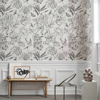 1 Roll Of Vinyl Self-Adhesive Peel Adhesive Wallpaper, 45cm * 300cm White Floral And Swallow Vinyl Wall Stickers, Floral Patterns, Home Wall Decoration Wall Paper Room Decor Kitchen Bedroom Living Room Decor