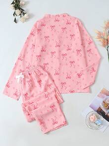 Conjunto de pijama de manga larga con estampado de lazo y corazón para mujer, ropa de otoño e invierno