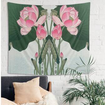 1 st blommande lotusblommor gobeläng Ohara Koson väggbonad vintage botanisk illustration gröna rosa blommor bohemisk dekor japansk konst