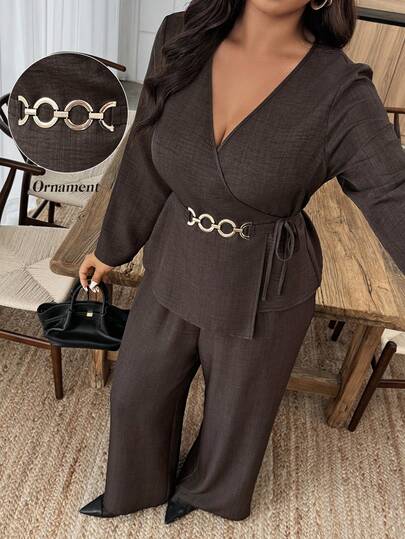 UrbanChic Plus Size 2Pcs Waist Line V-Neck Metal Buckle Belt Decoration Long Sleeves Suit, Solid Color, Court Style,Spring & Summer, Valentine's Day, Elegant Ladies, Summer Holiday Outfits, Weddings & Events, Going Out Outfits, Vacation Outfits Women, Beach Outfits For Women, Spring Break Outfits
